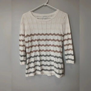 Hawthorne ladies 3/4 length sleeve striped eyelet sweater size M tan gray cream